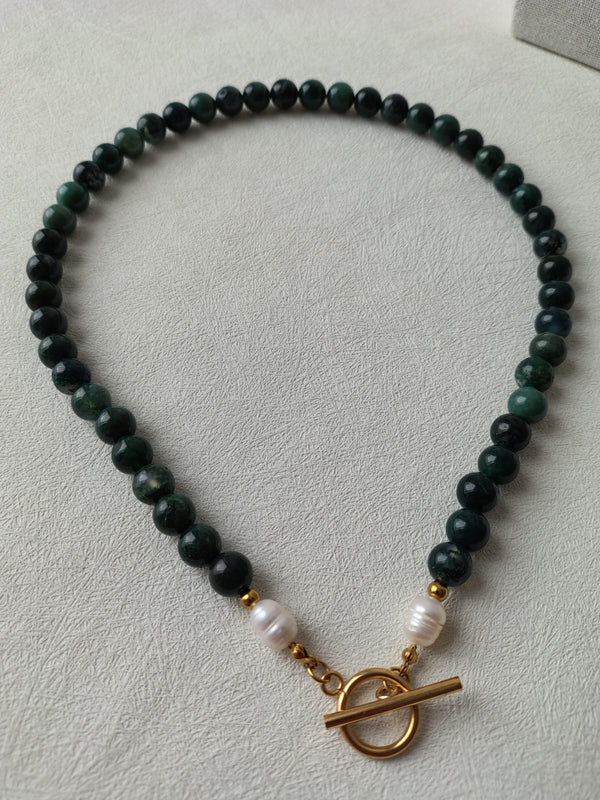 Green Moss Agate & Freshwater Pearl Necklace.