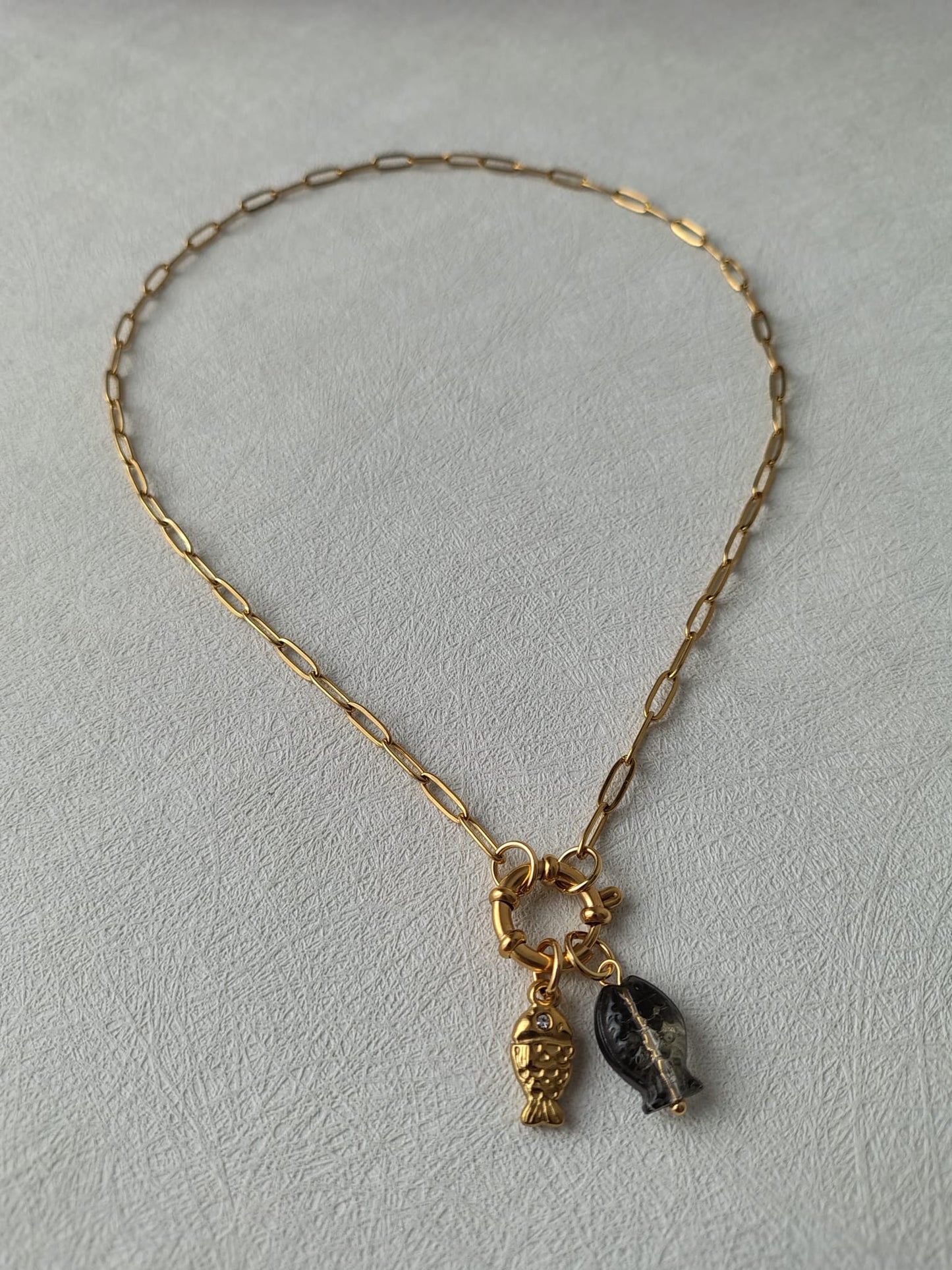 18k Gold Plated Stainless Steel Fish Charm Necklace.