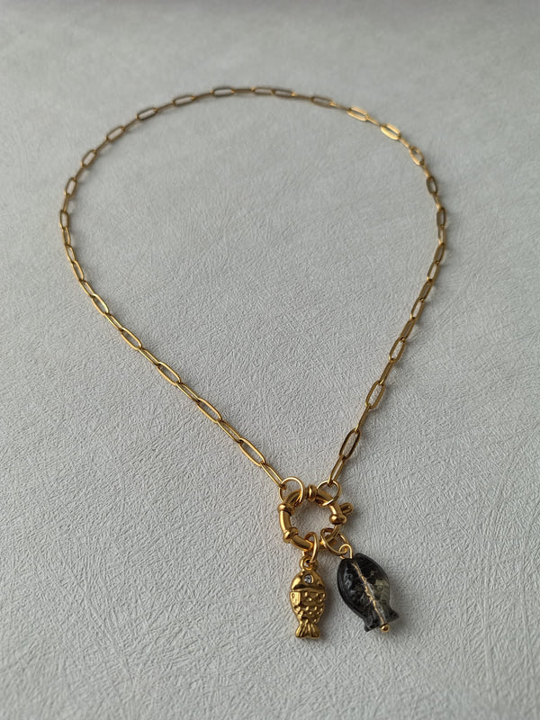18k Gold Plated Stainless Steel Fish Charm Necklace.